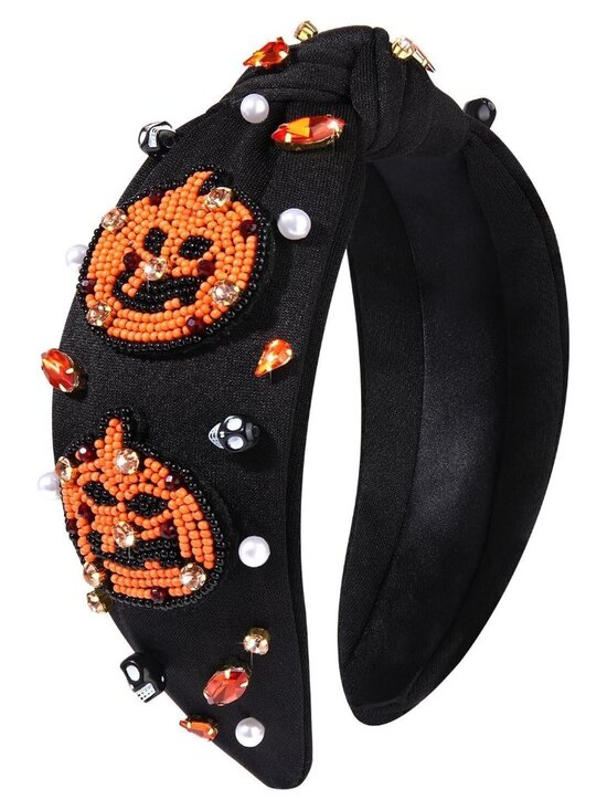 Accessories - Halloween Embellished Knot Headband with Orange & Pearl Accents